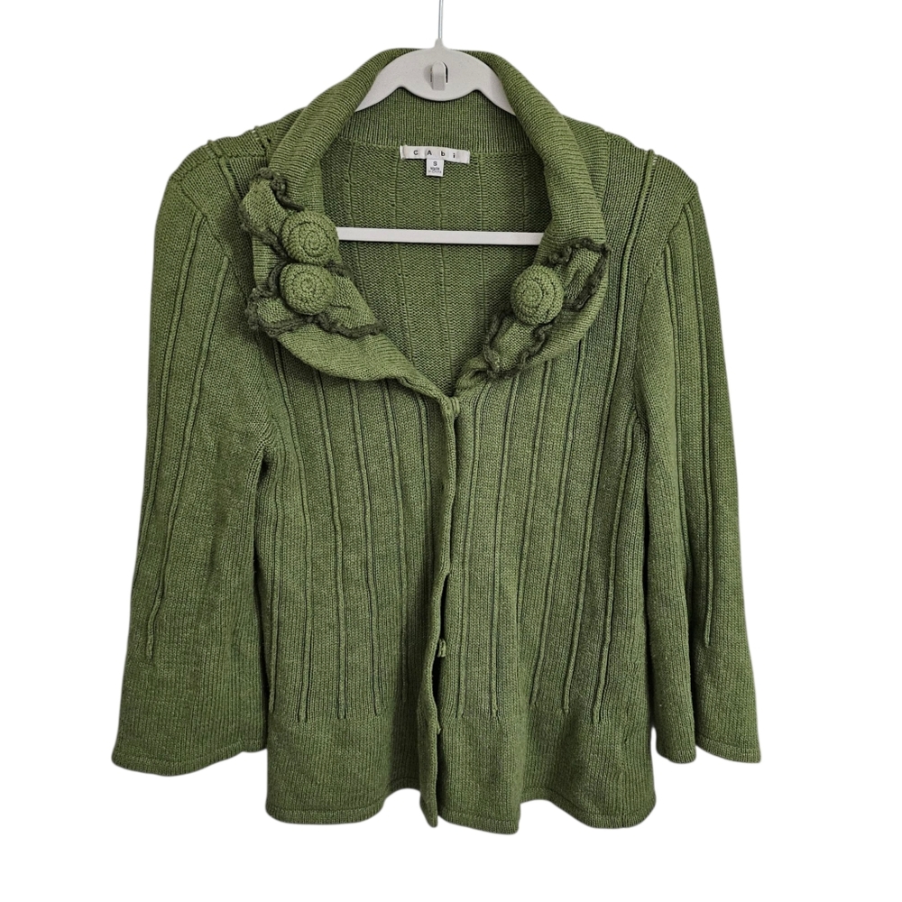 Cabi‎ Rosette Cardigan Womens Small Green Applique Snap Front Sweater Y2K #871